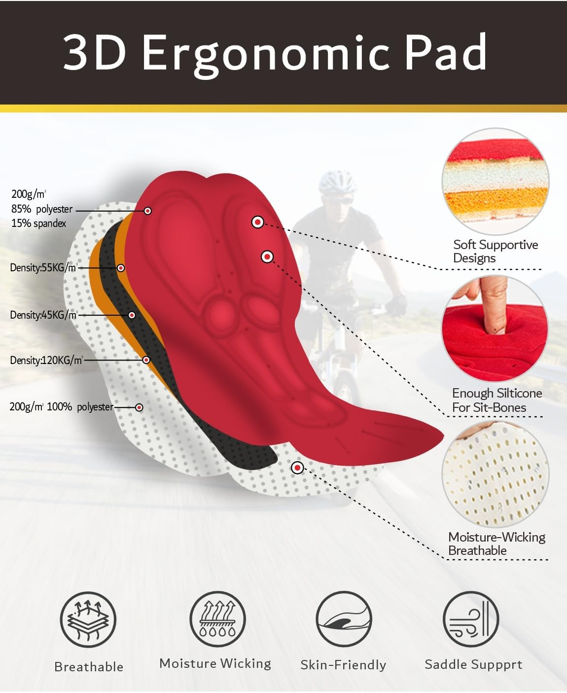 Przewalski Men'S 3D Padded Cycling Bike Bib Shorts, Excellent Performance and Better Fit image number 4