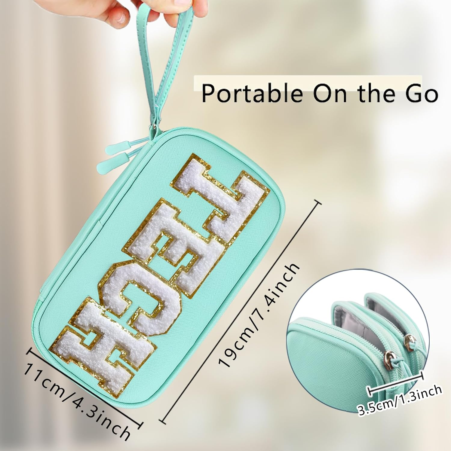 COSHAYSOO Electronics Organizer Bag Travel with Chenille Letter Patch TECH Traveling Must Have Accessories Cute Personalized Gift for Women Cable Cord Charger Storage Pouch (Greenish Blue) - Black-Scenic Spots image number 2