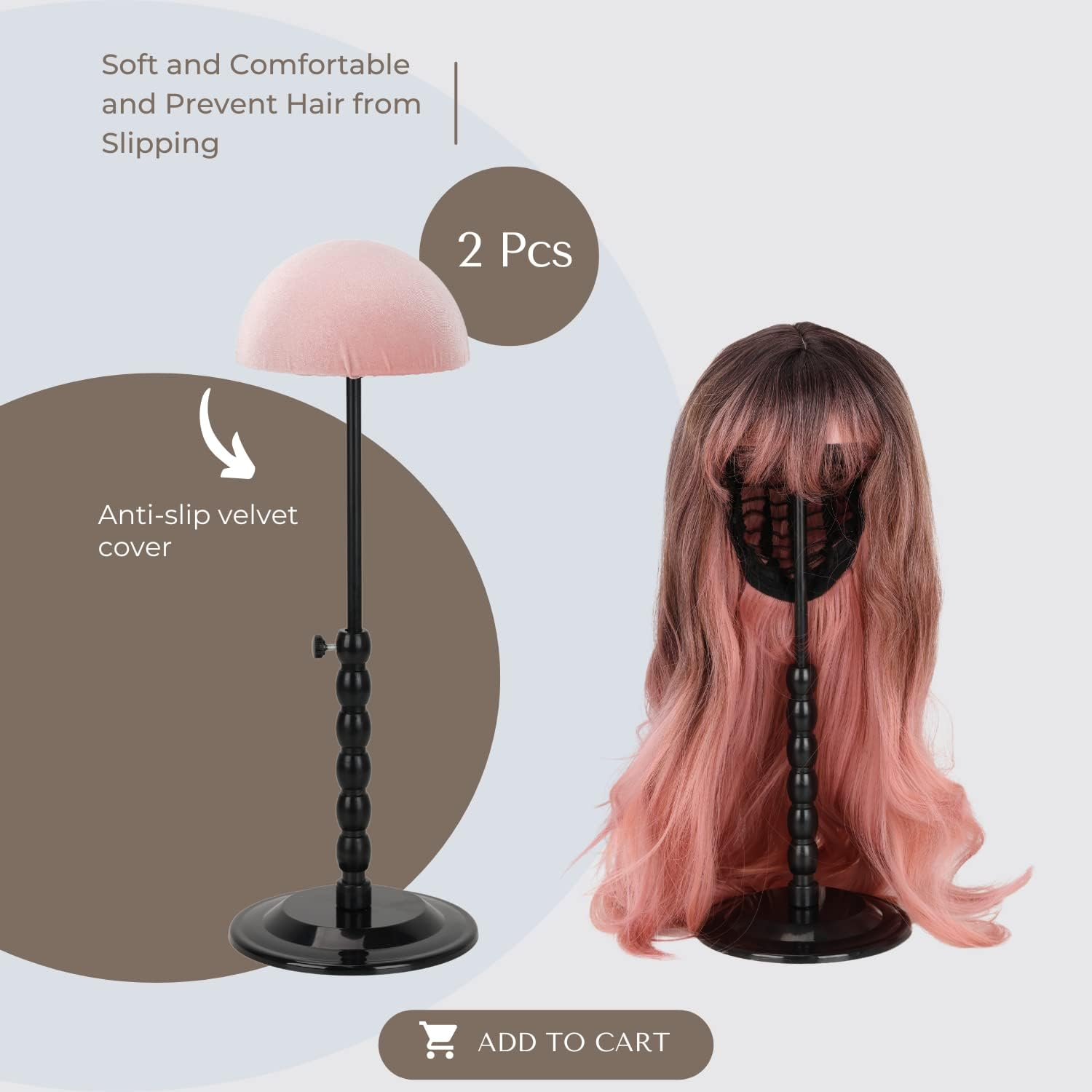 Lightmay Wig Stand - 2 Packs Portable Foldable Wig Hat with Velvet Cover Holder, Height Adjustable (12-18.8 Inches), Easy to Install, Black Plastic image number 6
