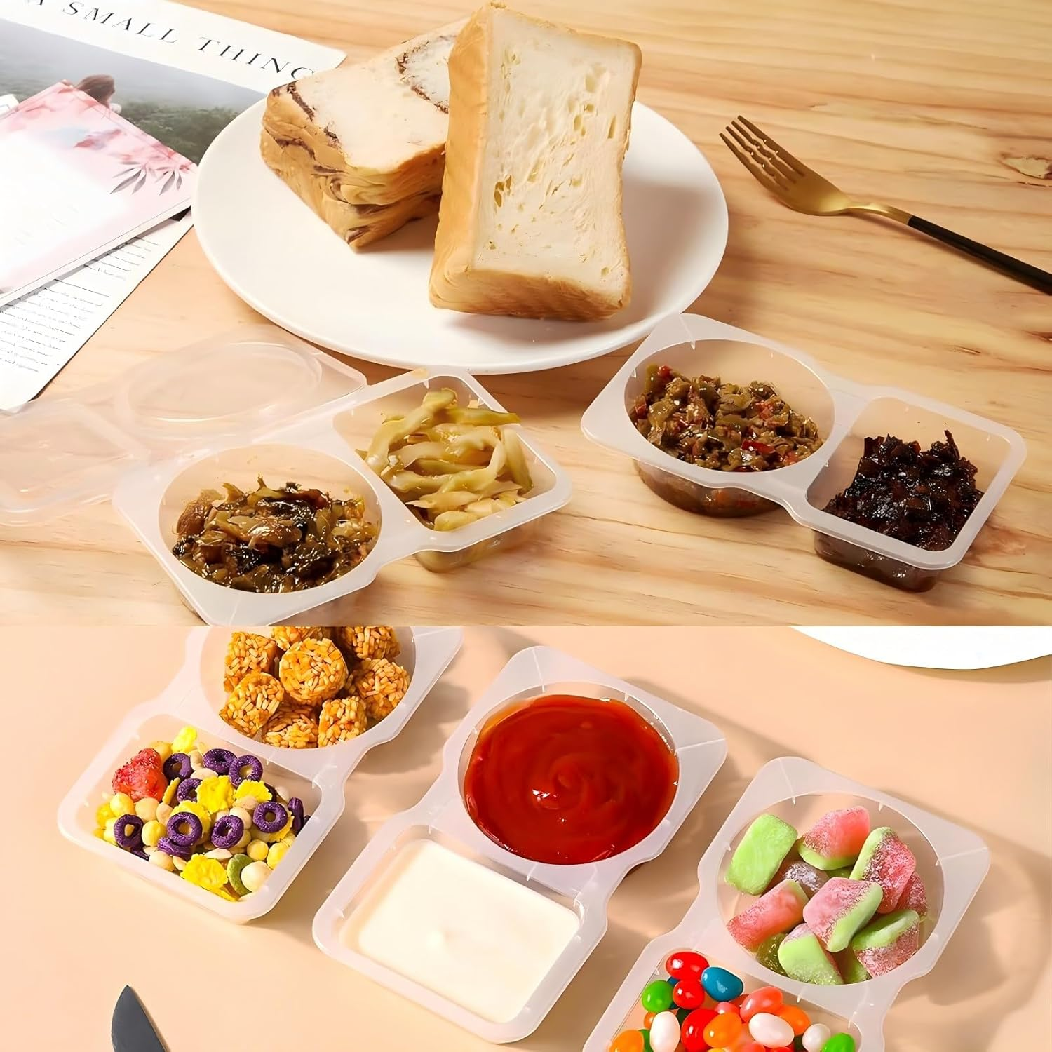 50 Pack Reusable Snack Containers with Lids 2 Compartments, Snack Pack Container Multipurpose Leak-Proof, Double Compartment Condiment Sauce Containers for To-Go Sauce, Sampling, Travel Snack image number 1