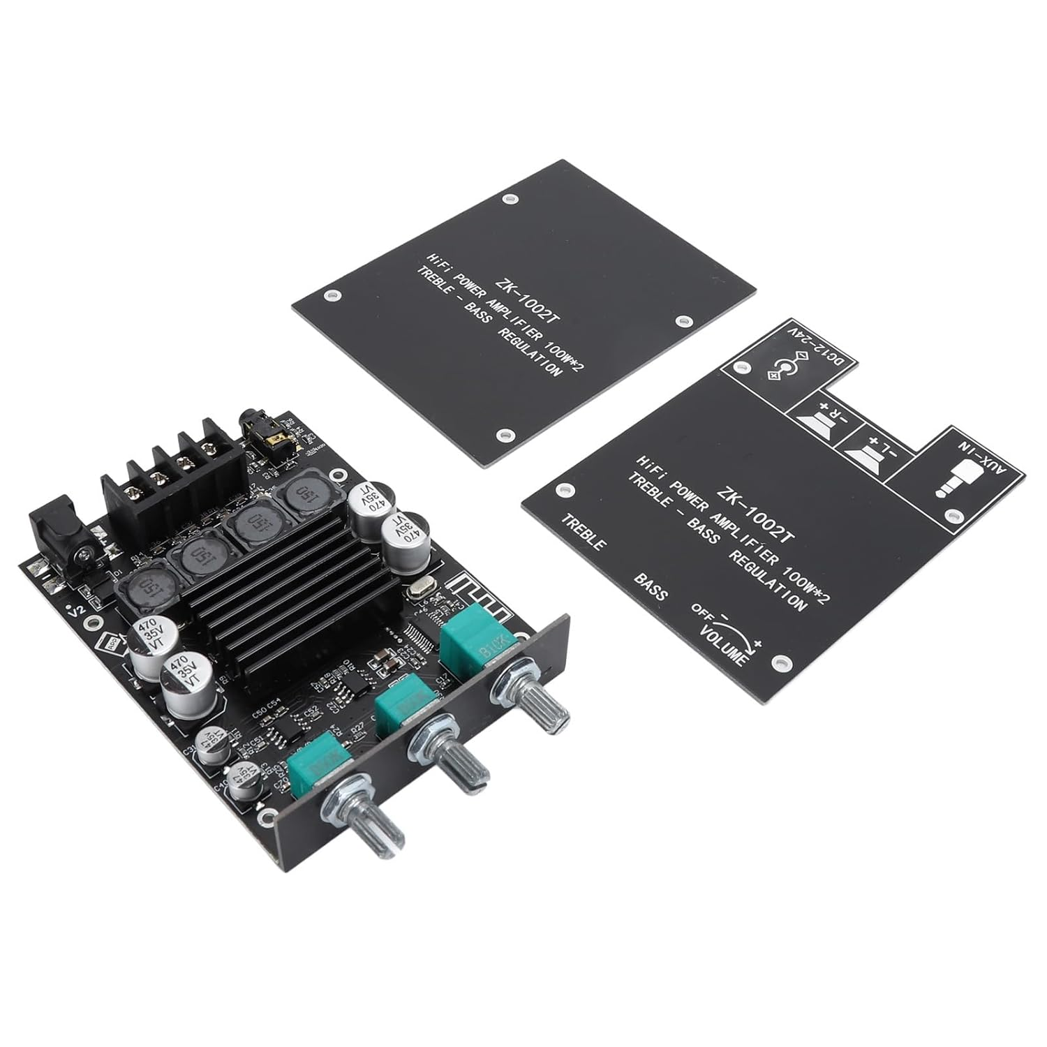 ZK-1002T Bluetooth Amplifier Board, 100W+100W 2.0 Channel Stereo Amp Board, BT and AUX Inputs, 12-24V, with Treble and Bass Control image number 1