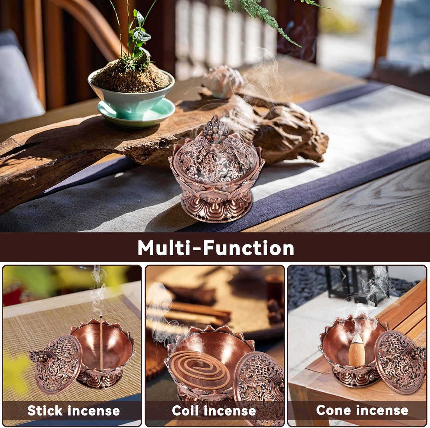 Vintage Backflow Incense Burner Bowl, Lotus Incense Holder Charcoal Censer Ash Catcher for Powder Cone or Coil Incense(Red Bronze) image number 5