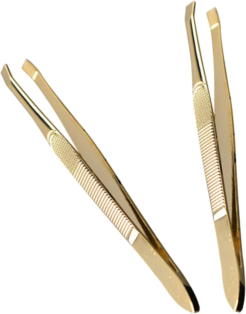 NULYLU 2Pcs Gold-Plated Stainless Steel Eyebrow Tweezers Set 9&times;0.8Cm Precision Multipurpose Beauty Tweezers for Eyelash Extension and Facial Hair Removal Women image number 2