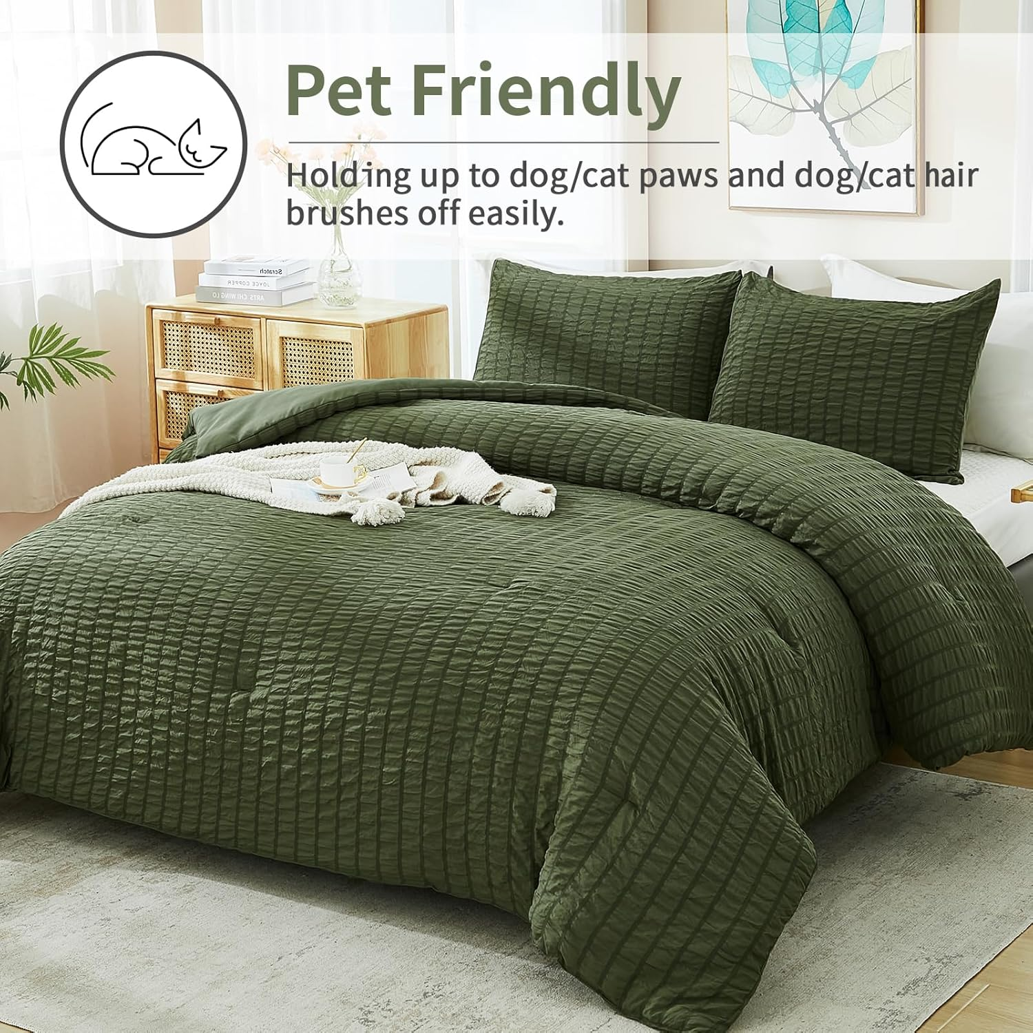 Avelom Dark Olive Green Seersucker Queen Comforter Bed Set (90X90 Inches), 3 Pieces-100% Soft Washed Microfiber Lightweight Comforter with 2 Pillowcases, All Season down Alternative