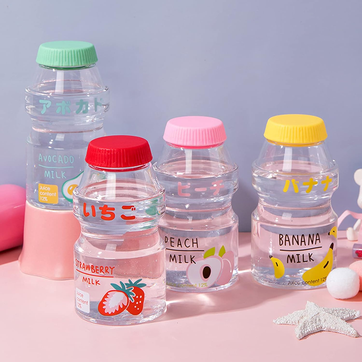 Yirepny Plastic Water Bottle Yakult Shape, Strawberry Lemon Avocado Peach Cartoon Pattern Suitable for Children Boys and Girls Can Be Filled with Milk Coffee Cold Drinks Red image number 2