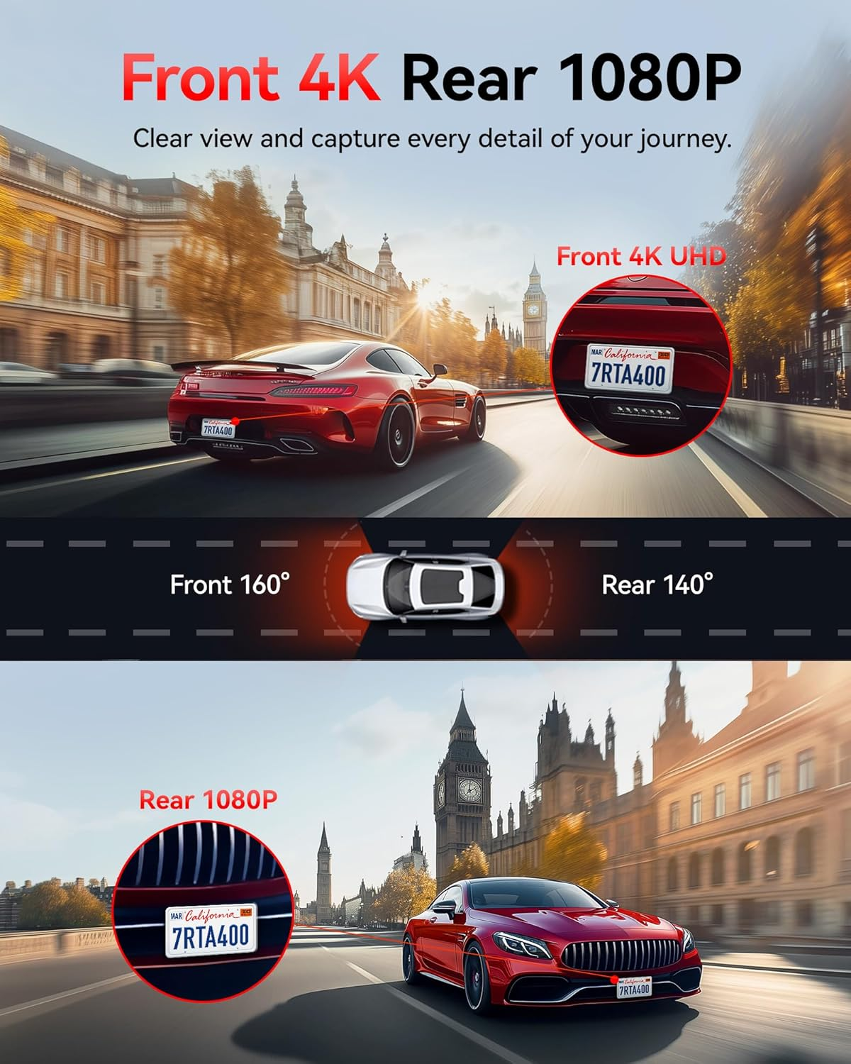 REDTIGER A4 Dash Cam Front and Rear Built-In 5Ghz Wifi, 4K+1080P Dual Dash Camera for Cars with 64GB Card, 2.2" Touch Screen Dashcam, Voice Control, 24H Parking Mode, Night Vision, Support Max 256GB image number 3