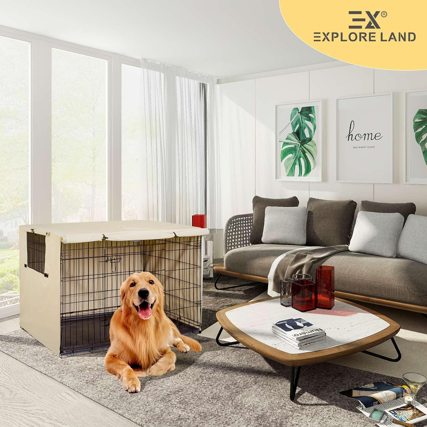 Explore Land Dog Crate Cover Durable Polyester Pet Kennel Cover Universal Fit for Wire Dog Crate (48 Inch, Tan) image number 1