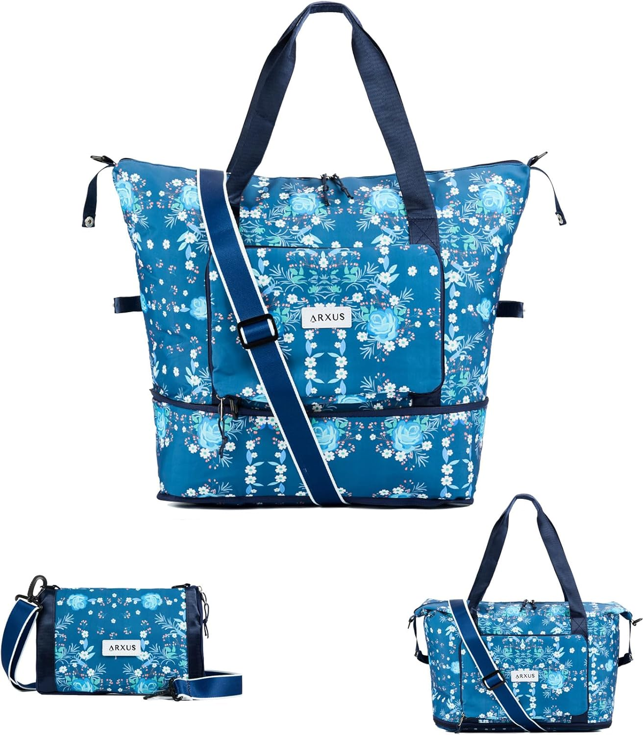 Arxus Large Folding Travel Duffle Bag, Expand Carry on Overnight Tote Bags for Women Airplanes with Luggage Sleeve, Waterproof Gym Weekend Bag with Wet Pocket