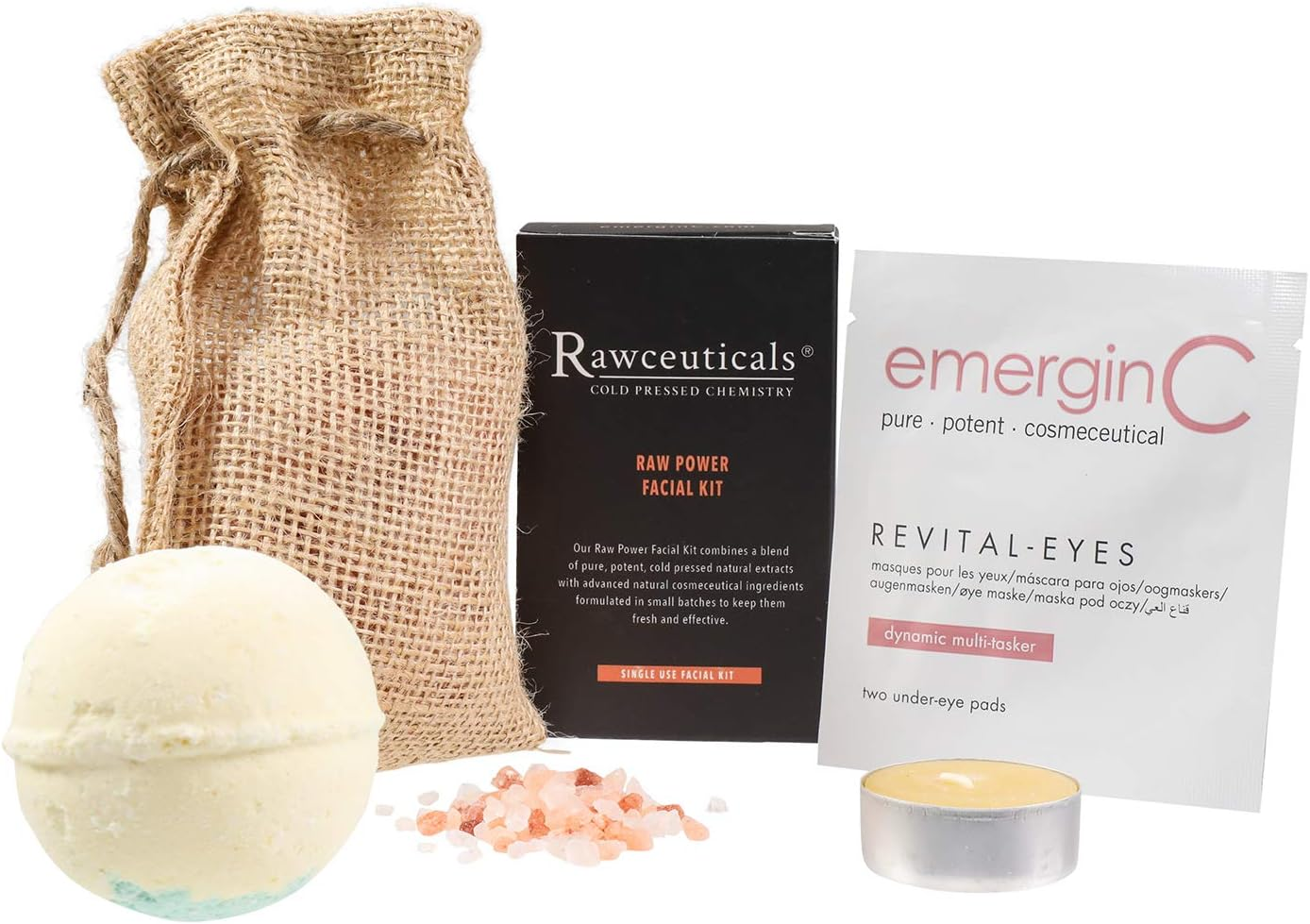 Emerginc Scientific At-Home Luxury Spa Kit - Rawceuticals - 5-Piece Set - Raw Power Facial Kit, Revital-Eyes Mask Sample, Essential Oil Bath Bomb, Himalayan Bath Salt Pack, Beeswax Purifying Candle image number 1