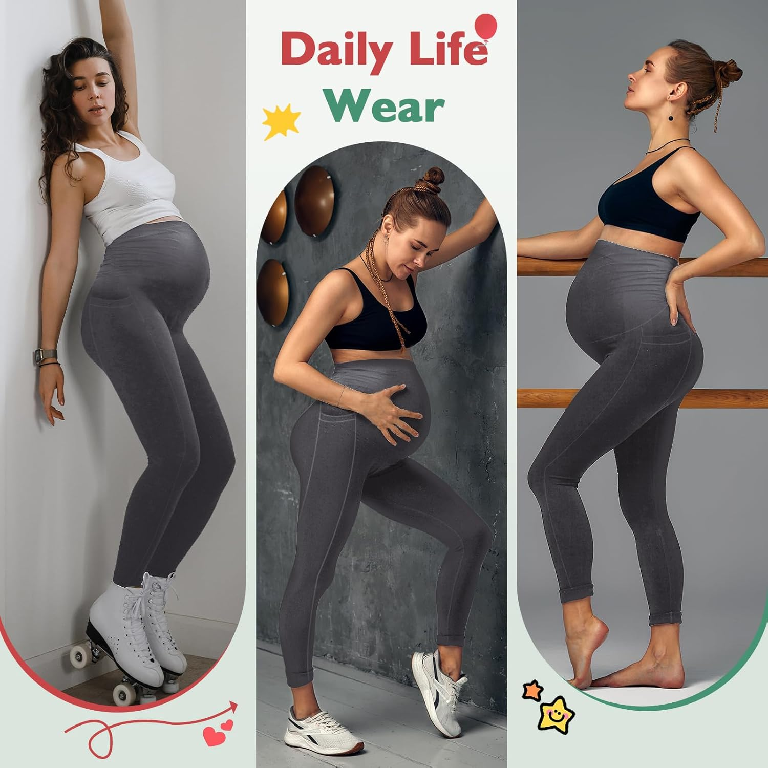 Women'S Maternity Leggings with Pockets High Waistband Pregnancy Leggings Opaque Elastic Maternity Leggings for Pregnant Women, Deep Grey, M image number 1