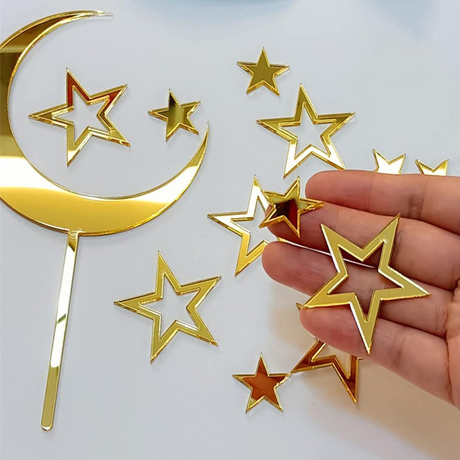 Moon Star Cake Toppers,Acrylic Cake Decorations Twinkle Twinkle Little Star Celestial Cake Charms Mirror Gold for over the Moon Baby Shower Wedding Birthday Party image number 5