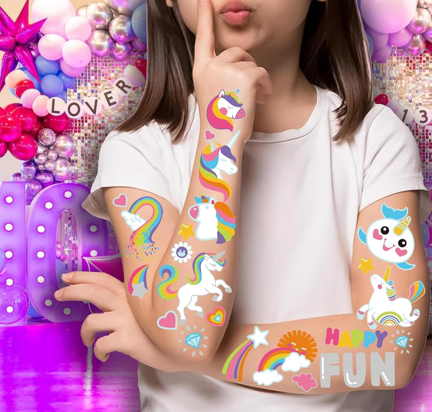 AEEGO Tattoos for Kids，Unicorn Birthday Decorations，4 Pack Safe & Waterproof Temporary Tattoos for Kids - Non-Toxic Fun Body Art Stickers, Perfect for Parties, Playtime & Festive Designs image number 1