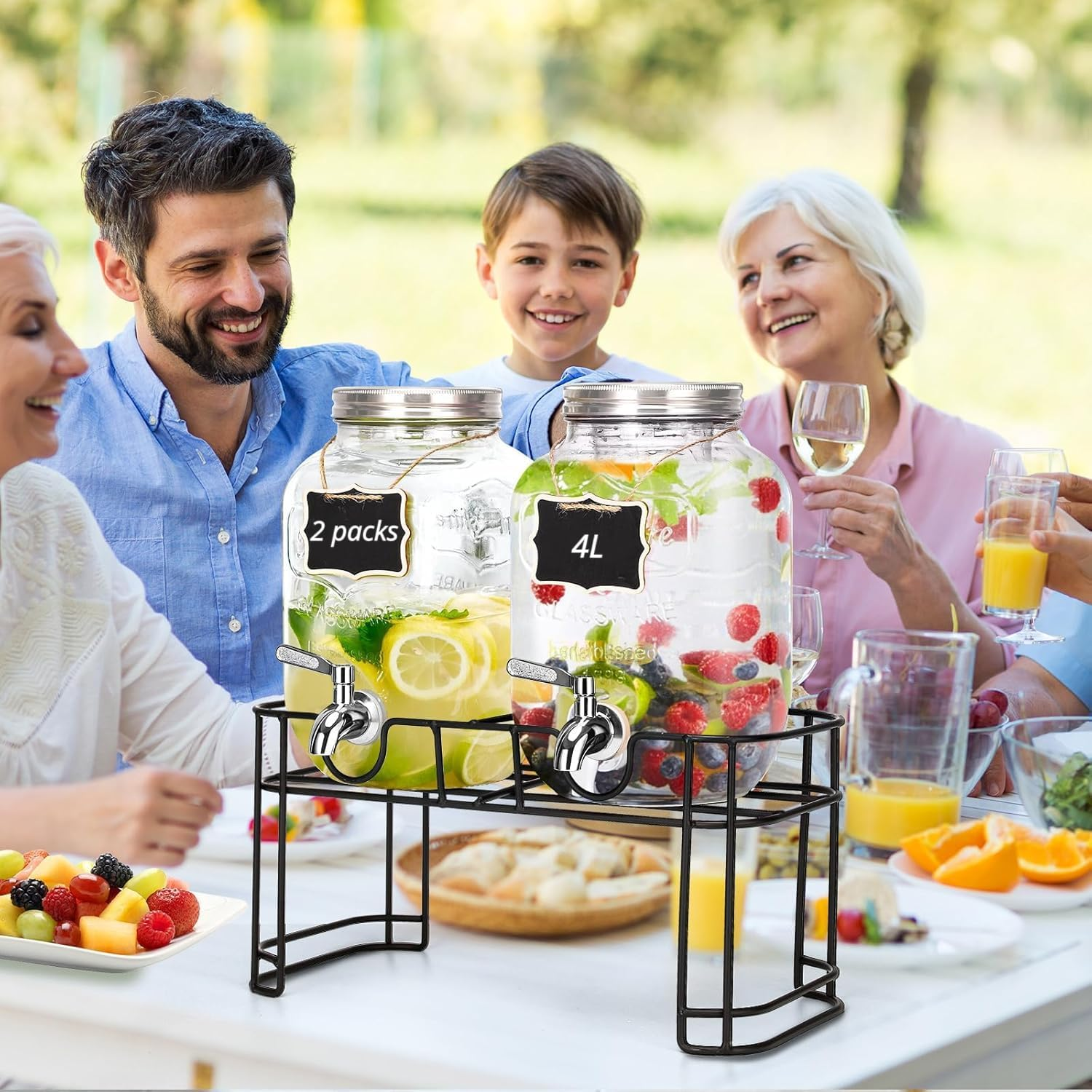 Deefongo 2 X 4L Glass Beverage Dispensers with Stand, Beverage Dispensers, Glass Water and Juice Dispensers with Spigot for Sparkling Juices, Water, Homemade Drinks, Parties, Weddings image number 4