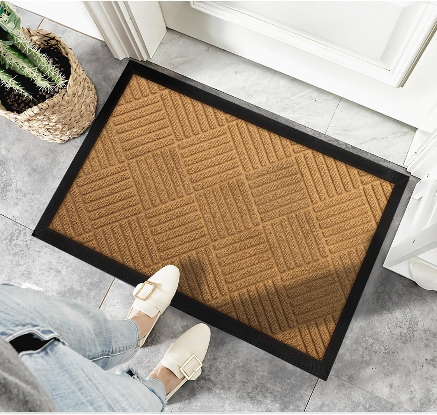 AAZZKANG Front Door Mat Non Slip Low Profile Outdoor Doormat Quick Trap Dirt Easy to Clean Welcome Mats for Entrance,High Traffic Areas,Indoor,Heavy Duty Brown image number 2