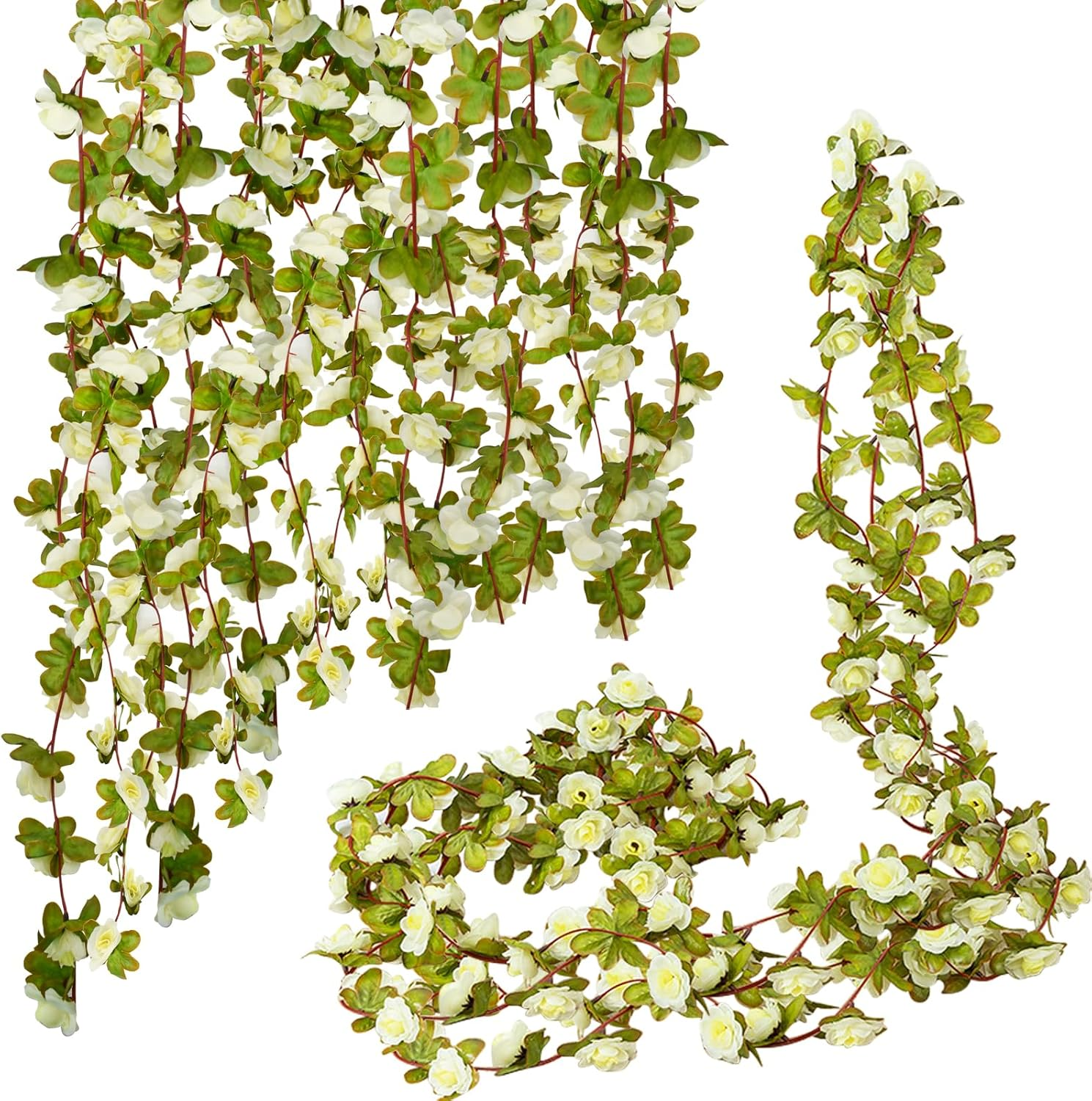 Bacucine 6PCS Artificial Flowers Garland Fake Peony Vines Hanging Silk Floral Vine for Bedroom Wedding Home Office Wall Garden Craft Decor (White) - Spring White image number 3