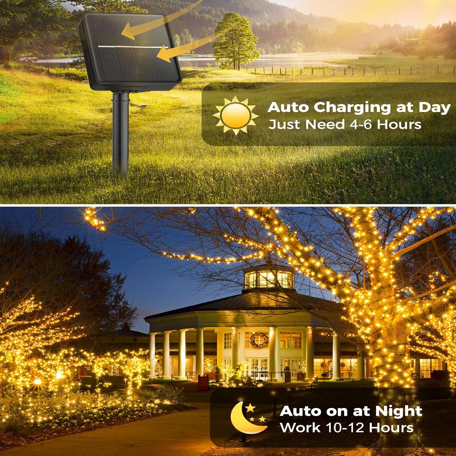 Solar String Lights for Outdoor, 12M 100 LED Christmas Solar String Lights with 8 Lighting Modes, IP65 Waterproof Solar Lights Outdoor, Solar Lights for outside Tree Party Decor, Warm White image number 6