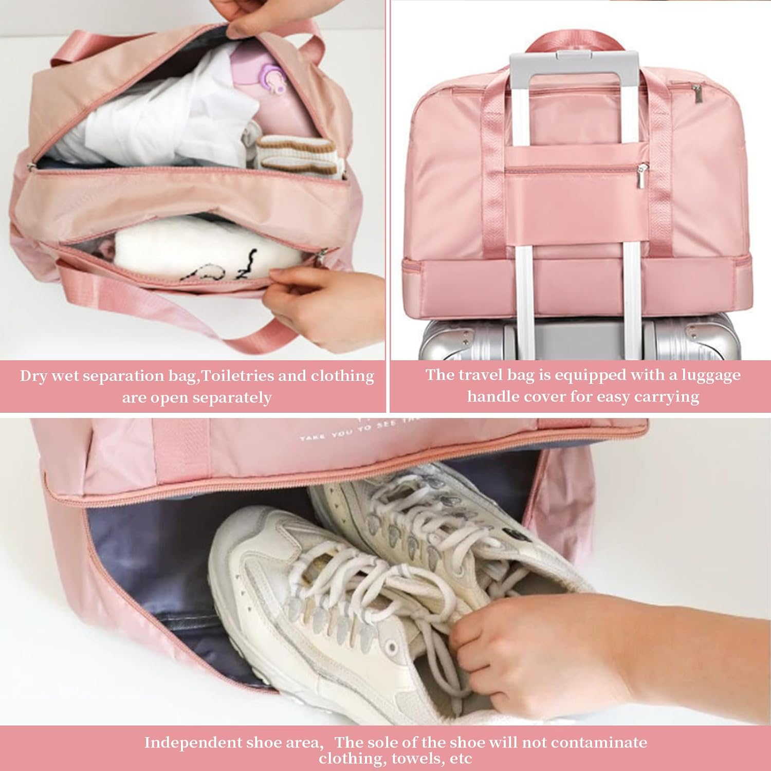 Travel Duffle Waterproof Bag with Trolley Sleeve & Separate Shoe Compartment Dry Wet Separation Storage Bag Sports Gym Bag Carry on Weekender Overnight Shoulder Bag for Women & Men (Blue) - Black image number 7