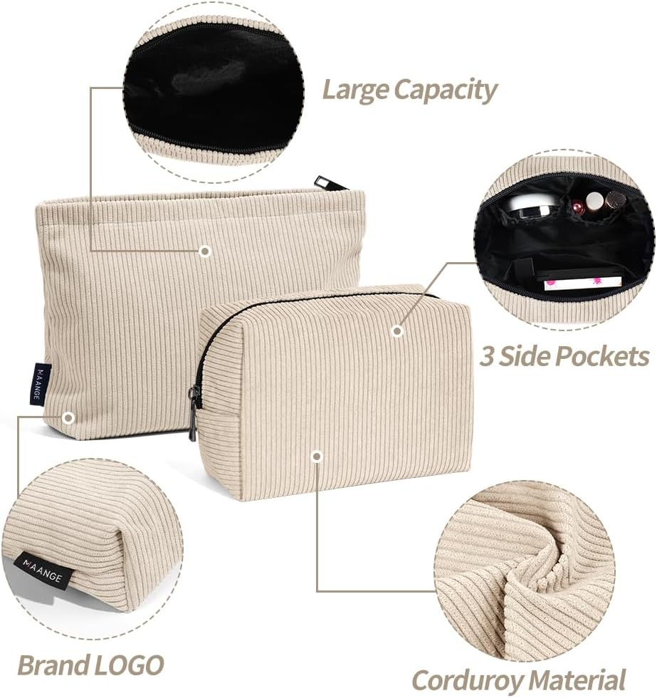 MAANGE Cosmetic Bags for Women Small Makeup Bag for Purse Corduroy Makeup Pouch Travel Makeup Bag Portable Make up Bag for Travelling (Beige) image number 2