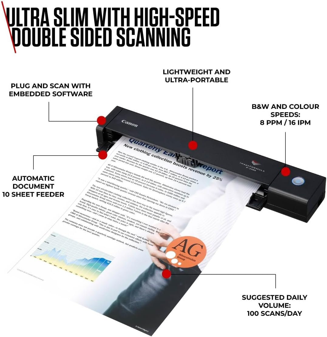 Canon P-208II Portable A4 Document Scanner, USB Mobile Document Scanner Duplex, Double Sided Scanning, Home Scanner, Plug & Play, 10X Automatic Document Feeder, Windows/Mac - Black image number 3