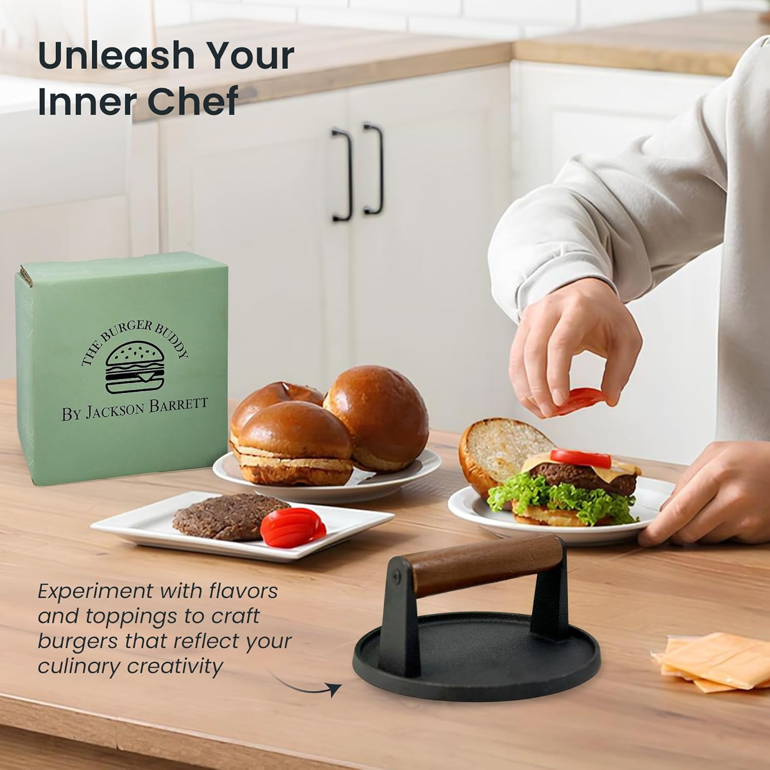 The Burger Buddy by Jackson Barrett | Cast Iron Smash Burger Press with Wooden Handle &ndash; Perfect for Flat Top Grills, Bbqs, and Gourmet Cooking image number 1