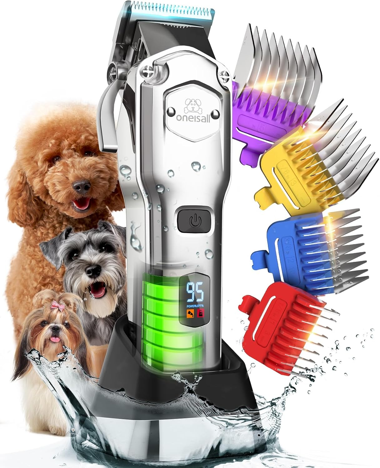 Oneisall Quiet Dog Clipper with Metal Guide Comb, Professional Cordless Dog Clipper High Performance Pet Hair Trimmer for Thick/Curly/Fine/Long/Wavy Hair (Silver) image number 6