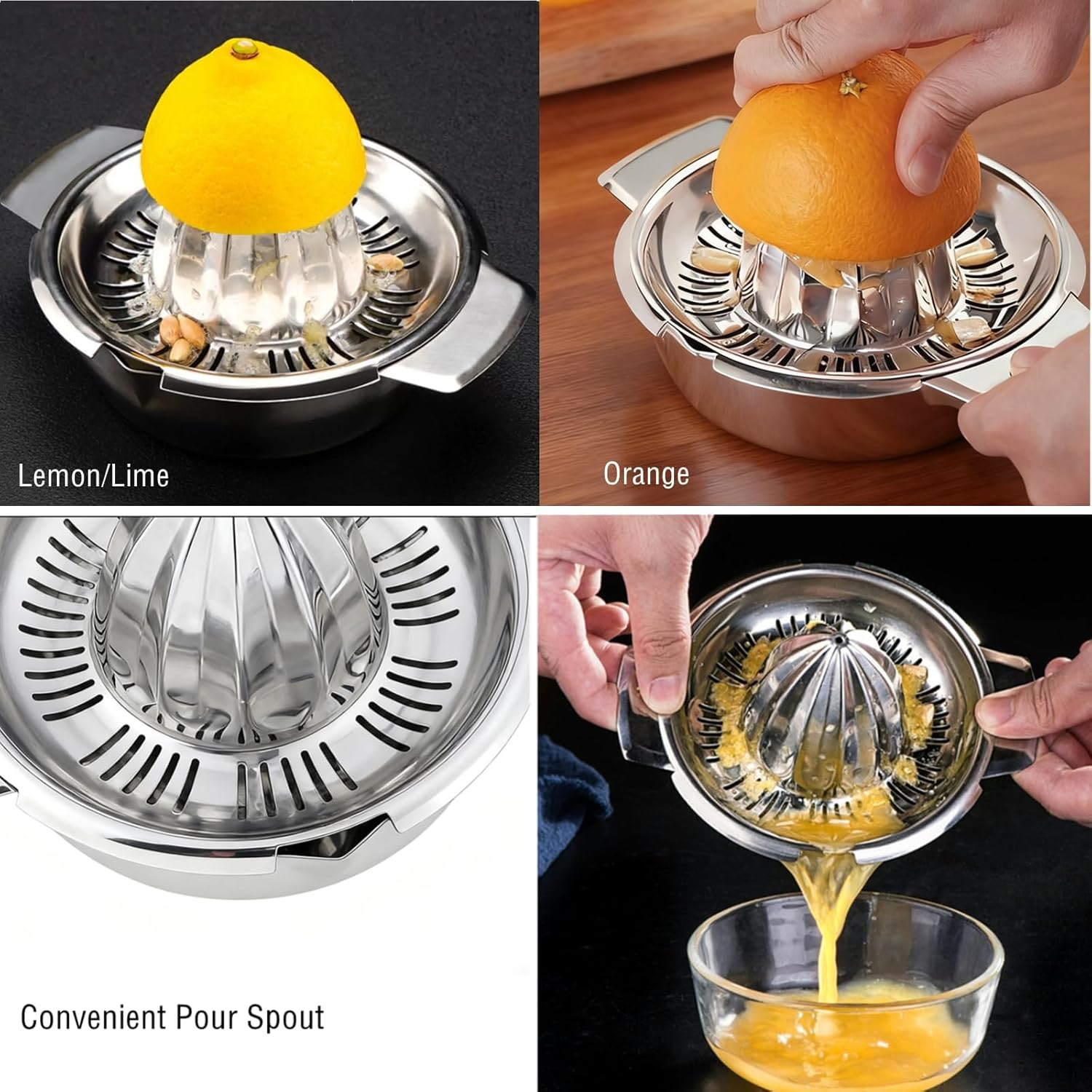 EP Leben 304 Stainless Hand Juicer Rotation Press with Strainer＆10Oz Bowl, 2 Pour Spouts, Citrus Lemon Orange Grapefruit Juicer Manual Squeezer, Easy to Clean, Dishwasher Safe image number 4