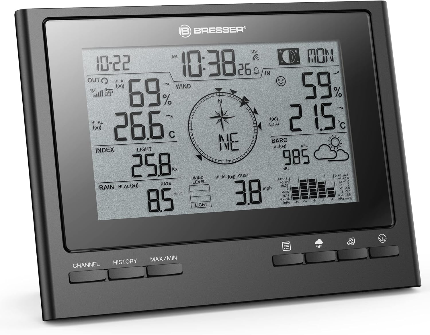 Bresser Climatescout Wireless Weather Station with Outdoor Sensor 7-In-1 Weather Centre with Professional Outdoor Sensor, Black image number 4