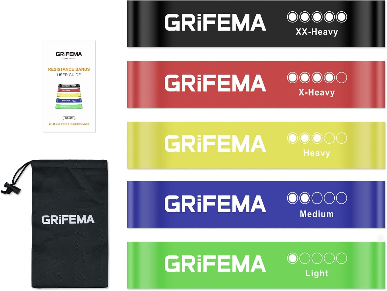 GRIFEMA GAK5001 Resistance Bands [Set of 5], Exercise Resistance Bands Set Women and Men, 5 Different Levels Stretch Bands for Exercise - for Home, Gym, Yoga, Training image number 2