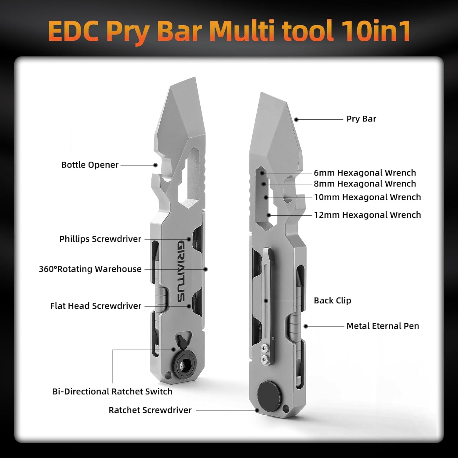 EDC Pry Bar Multitool 10 in 1 with Bi-Directional Ratchet Screwdriver & Everlasting Pen, Wrenches, Crowbar, Bottle and Box Openers - Your Versatile Companion for Everyday Carry and Camping Accessories image number 2