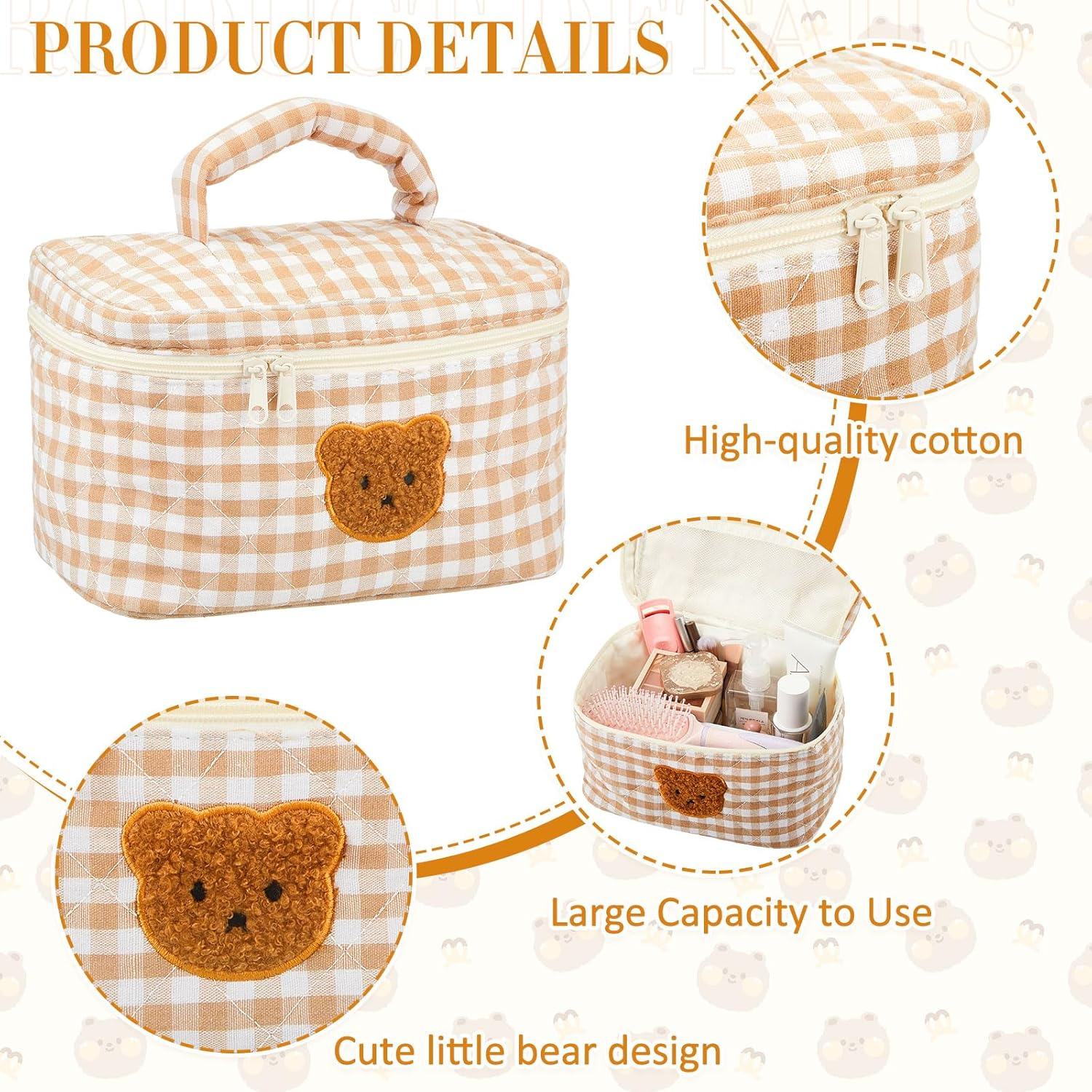 Zeyune 2 Pcs Cotton Quilted Makeup Bag, Large Travel Coquette Cosmetic Bag, Aesthetic Cute Floral Cherry Peony Toiletry Organizer Skincare Bag for Women Girls(Cute Bear Style), Brown image number 6