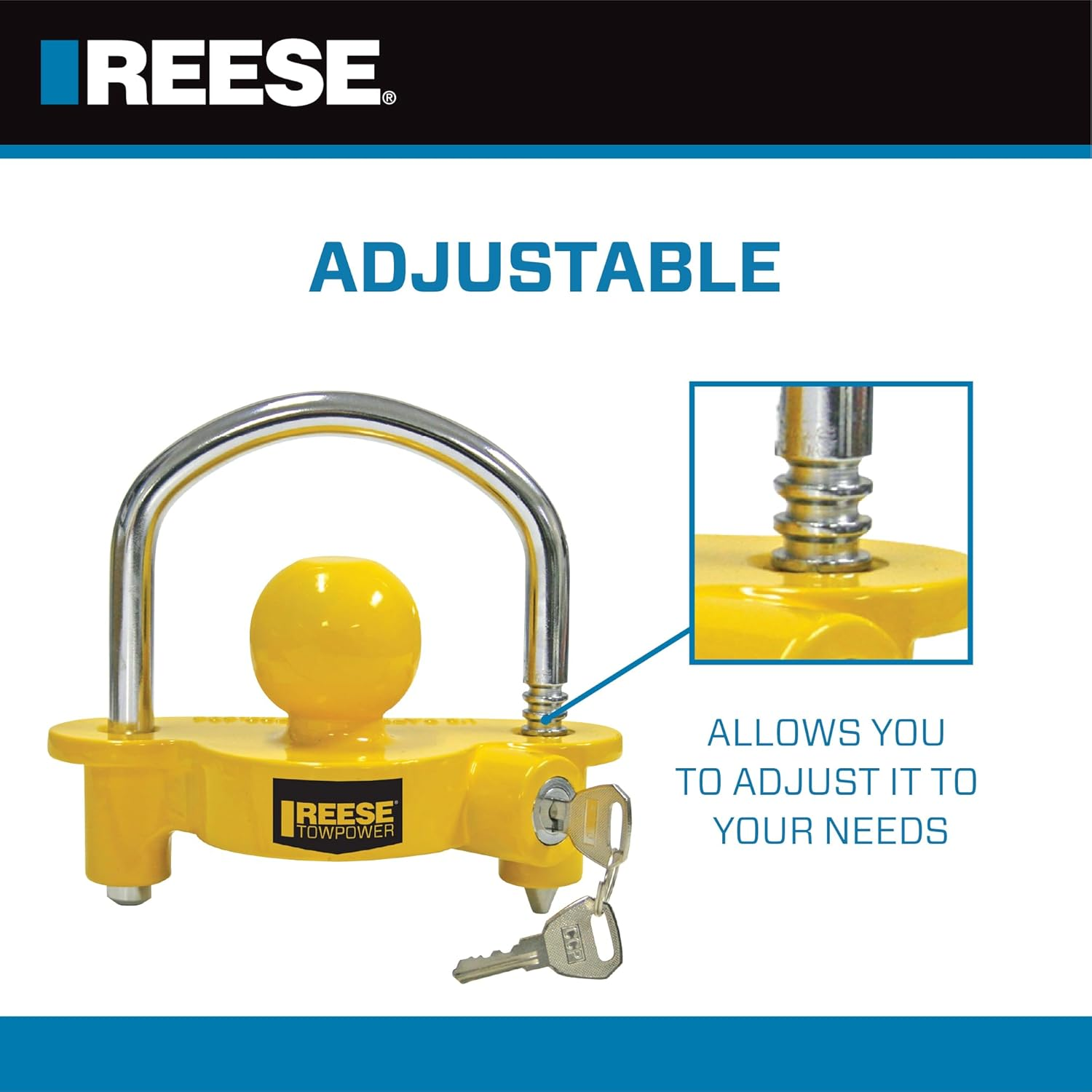 REESE Towpower 72783 Coupler Lock, Adjustable Storage Security, Heavy-Duty Steel, Yellow and Chrome image number 5