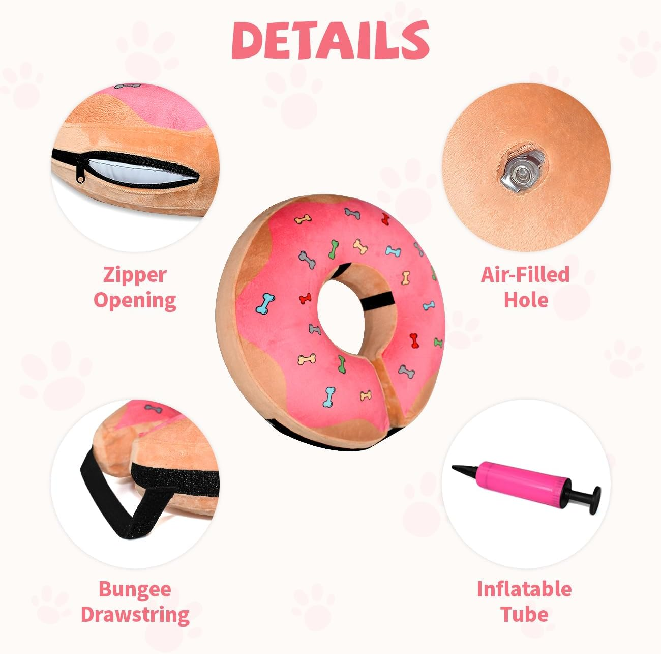 Inflatable Recovery Dog Cone, Protection Dount Collar for Small Medium Large Dogs, Adjustable Soft E-Collar for Dogs and Cats after Surgery, Cute Dog Bone Pattern (Pink, Medium-Plus)