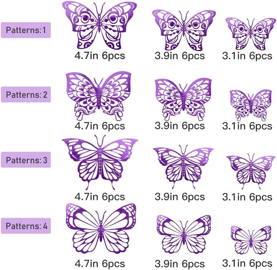 FIMETEUG Purple Butterfly Wall Sticker, 72 PCS, Elegant, Metallic Paper, Indoor Use