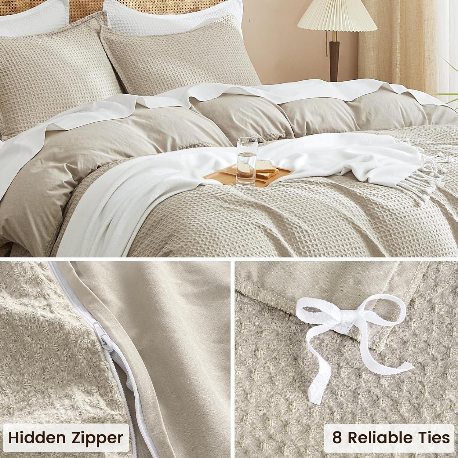 PHF Waffle Weave Duvet Cover Set King Size, No Snagging Ultra Soft Luxury Textured Breathable Comforter Cover for All Season 3Pcs, Durable Bedding Duvet Set with 2 Pillow Shams, 104"X90", Linen