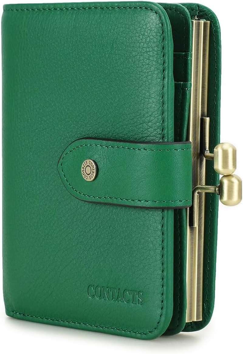 Full Grain Leather Kiss Lock Wallet for Women Kiss Clasp Coin Purse Vintage Bifold Card Holder RFID Wallet, Bean Paste Pink, Vintage