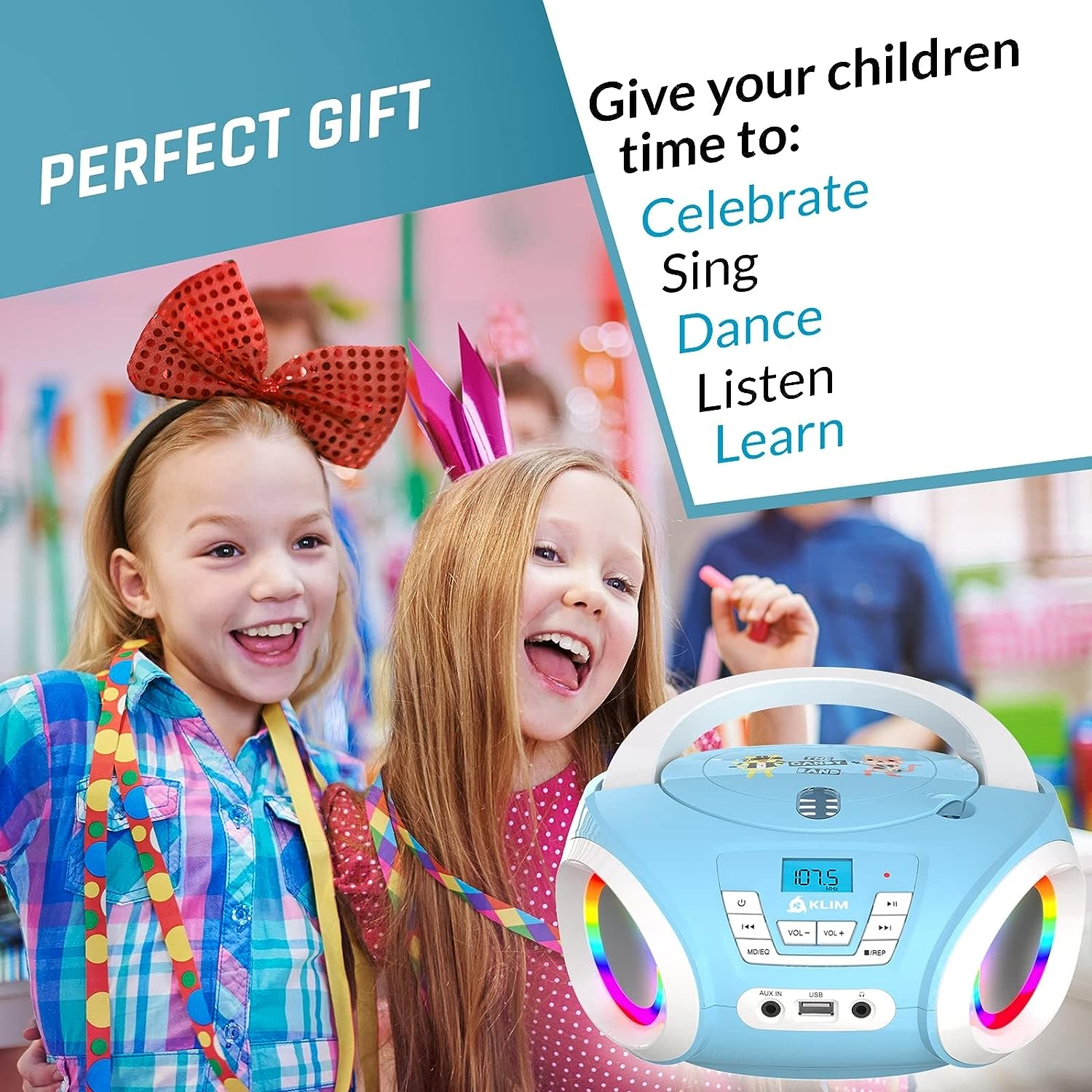 KLIM Candy Kids Portable CD Player for Kids - FM Radio - Batteries Included - CD Boombox for Kids - Cute Pink Radio CD Player with Speakers for Kids and Toddlers - Blue image number 1