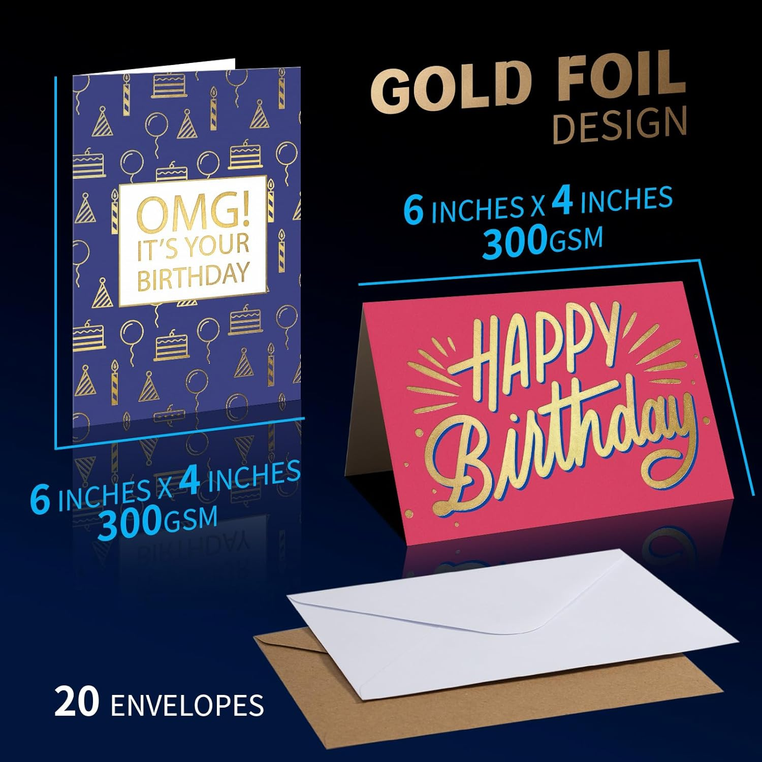 Uroboo Gold Foil Birthday Cards with Envelopes & Stickers, 20PCS Happy Birthday Cards Assortment in Bulk for Family, Kids, Friends, Work & Office Celebrations image number 3