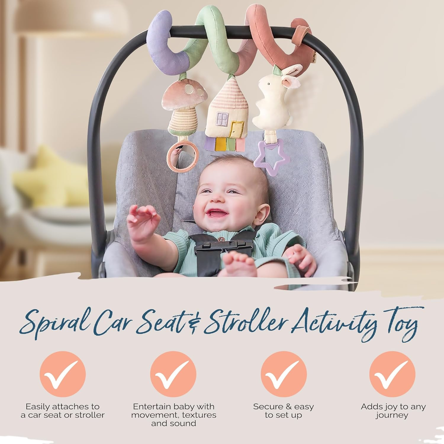 Itzy Ritzy Spiral Car Seat & Stroller Activity Toy - Stroller & Car Seat Toys for Ages 0 Months and up - Hanging Toys Include Dangling Ring, Mirror and Textured Ribbons (Pastel Rainbow) image number 5