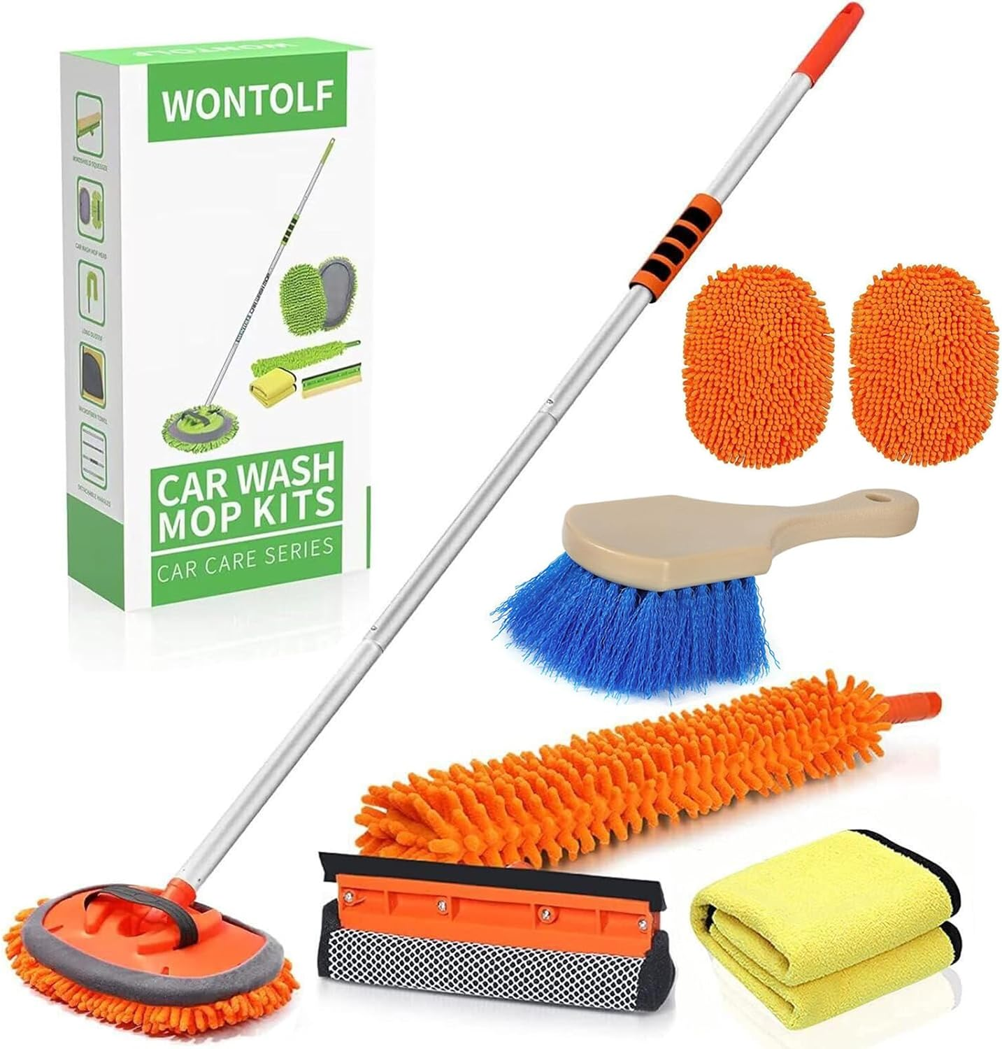 Wontolf 62'' Car Wash Brush with Long Handle Chenille Microfiber Car Wash Mop Car Washing Brush Cleaning Kit Windshield Window Squeegee Car Duster Microfiber Towels for Cars RV Truck Boat 9PCS