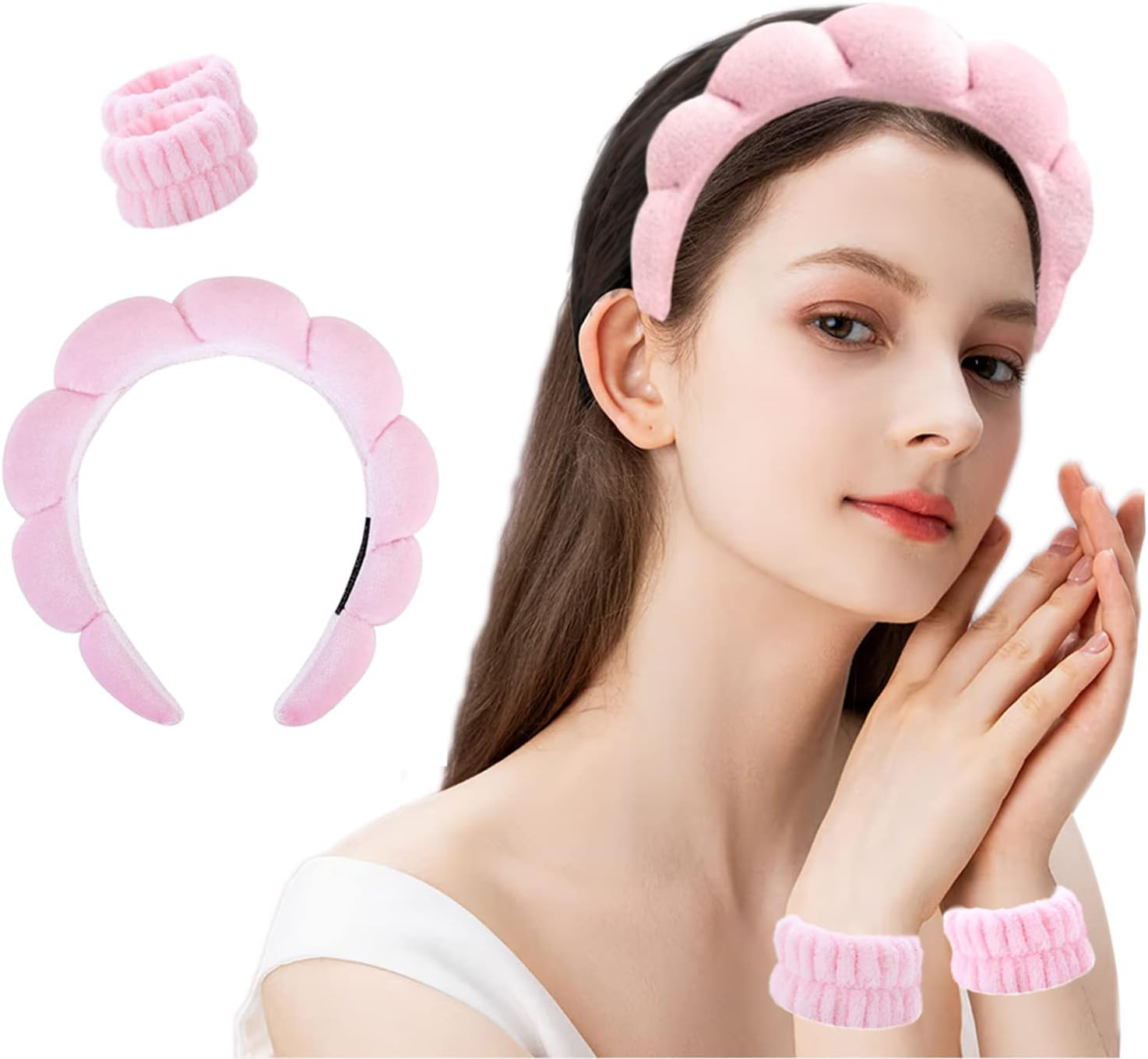 Spa Headband for Washing Face, Makeup Headbands Clips Flowers Metal Hair Clips Women Bride Wedding Hairpin Rhinestone Hair Pins (Pink) image number 3