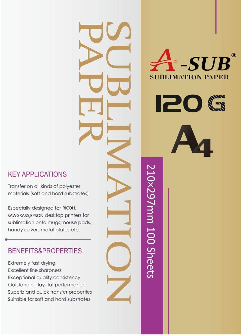 A-SUB Sublimation Paper A4, 210X297Mm, 100 Sheets, 120Gsm, Compatible with All Inkjet Printer image number 3