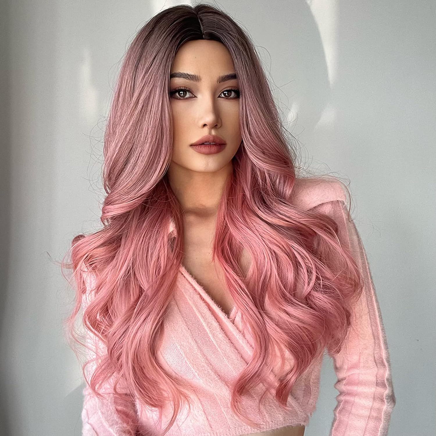 Eacam Pink Wigs Long Curly Wavy Hair Wigs for Women Wig Synthetic Straight Cos Wigs Heat Resistant Synthetic Hair Pink Curly Wavy Wig for Party Cosplay Daily Use