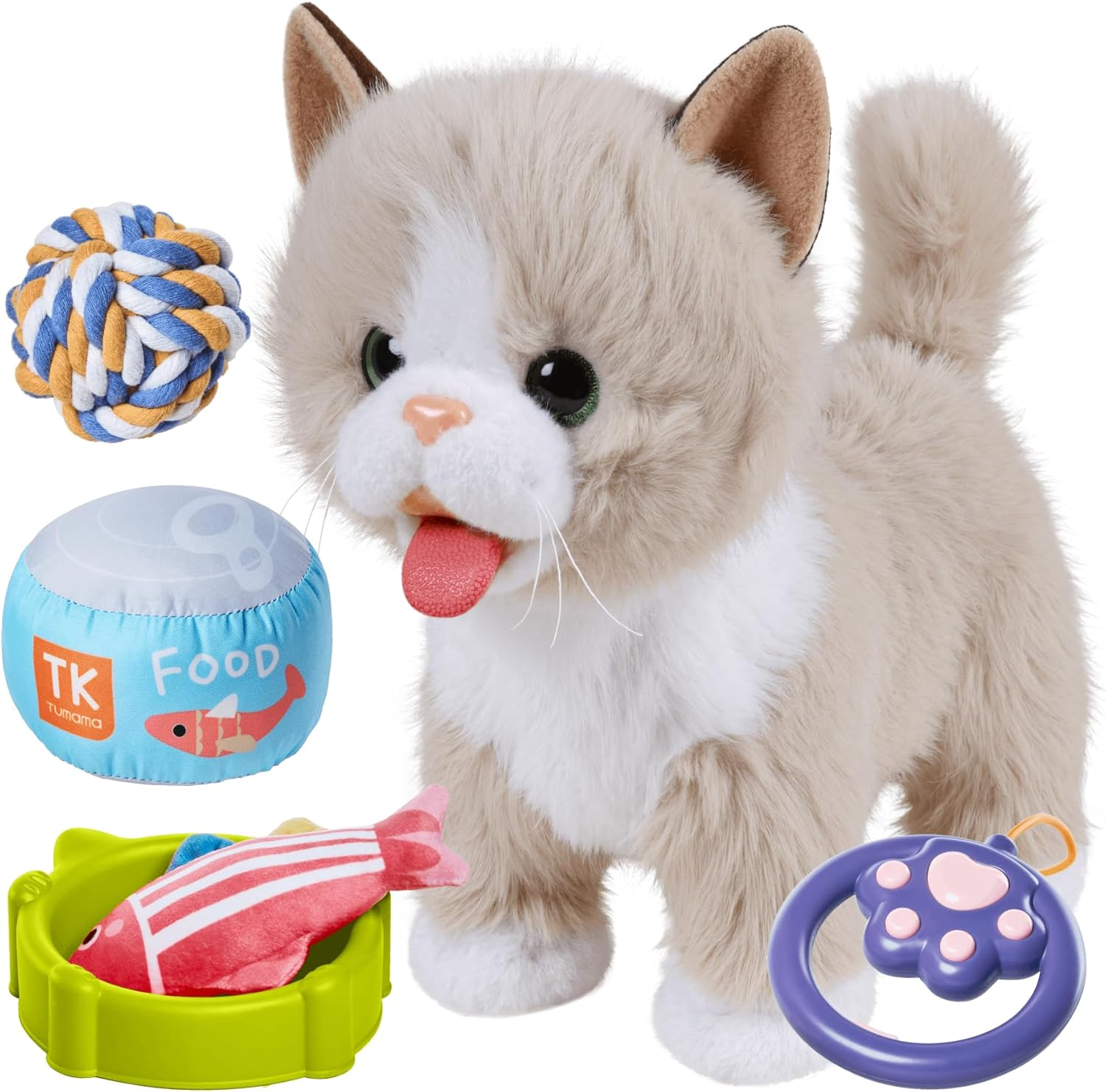 TUMAMA Interactive Cat Toy for Children, Cuddly Toy Kittens with Remote Control Lead Running and Barking, Plush Toy Electronic Kitten Pet from 3 4 5 6 - Walking, Meowing, Tail Wagging image number 1