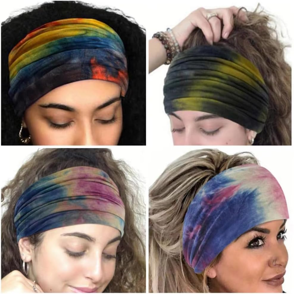 6Pcs Women'S Hairband Bandana Accessories for Adults - Boho Elastic Turban Wide Non-Slip Scarf Headbands for Short Hair (Tiedye) - 14Navyblue image number 2