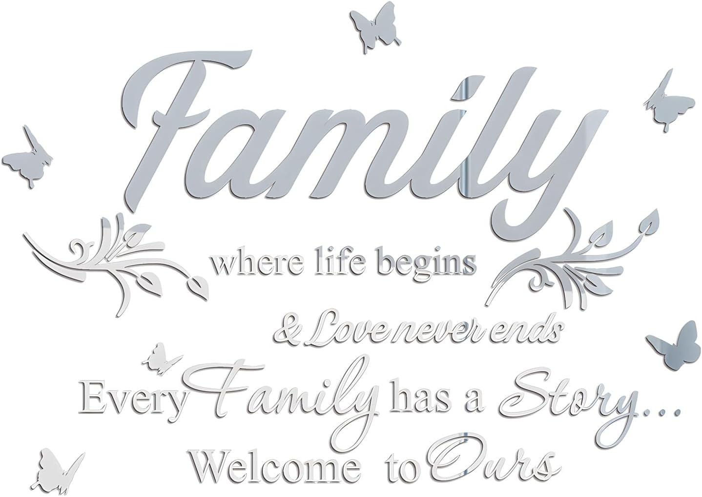 Fkereg Family Where Life Begins & Love Never Ends Every Family Has a Story Welcome to Ours Mirror Wall Decals Stickers, Acrylic Inspirational Quotes Wall Art Words, Home Wall Decor Living Room, Silver