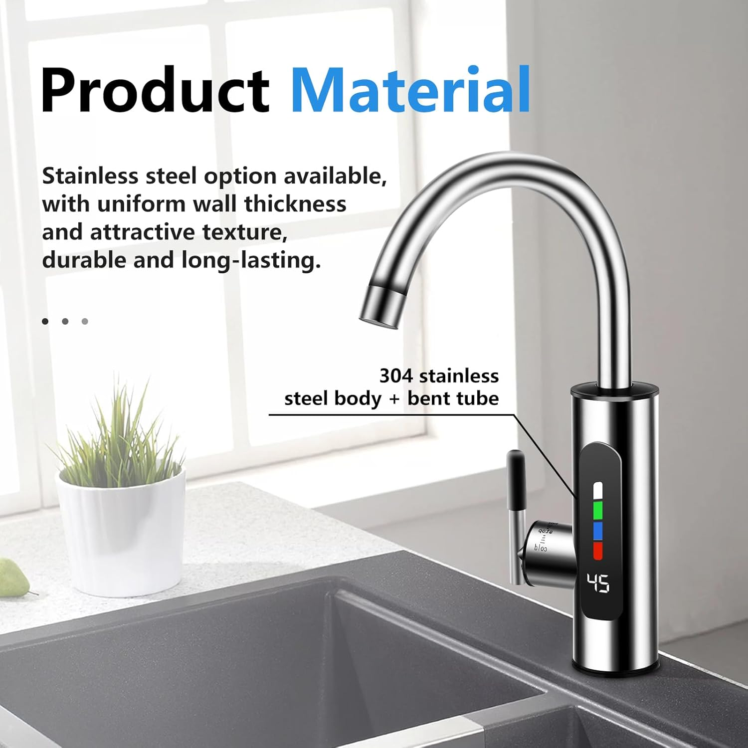 Hot and Cold Water Tap, Electric Stainless Steel Tap plus Integrated Instantaneous Water Heater, 360&deg; Rotating LED Instantaneous Water Heater, Tap, Water Boiler [Energy Class A] image number 2