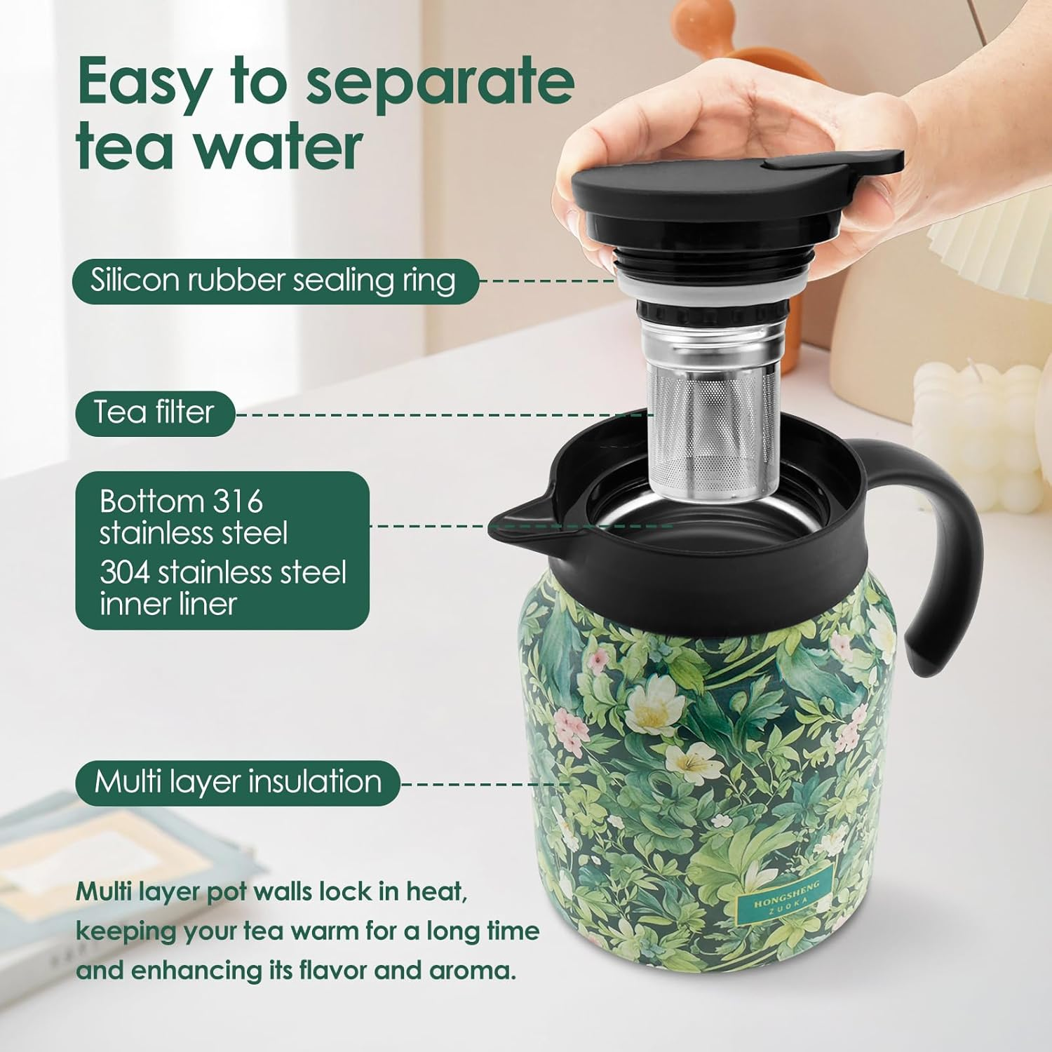 Vintage Floral Pattern Tea Thermos, 1000Ml Thermos Tea Pot, Vintage Floral Pattern Tea-Built-In Infuser, Stainless Steel Insulated Tea Kettle, Household Insulated Teapot Tea Pot Kettle for Home Office image number 3