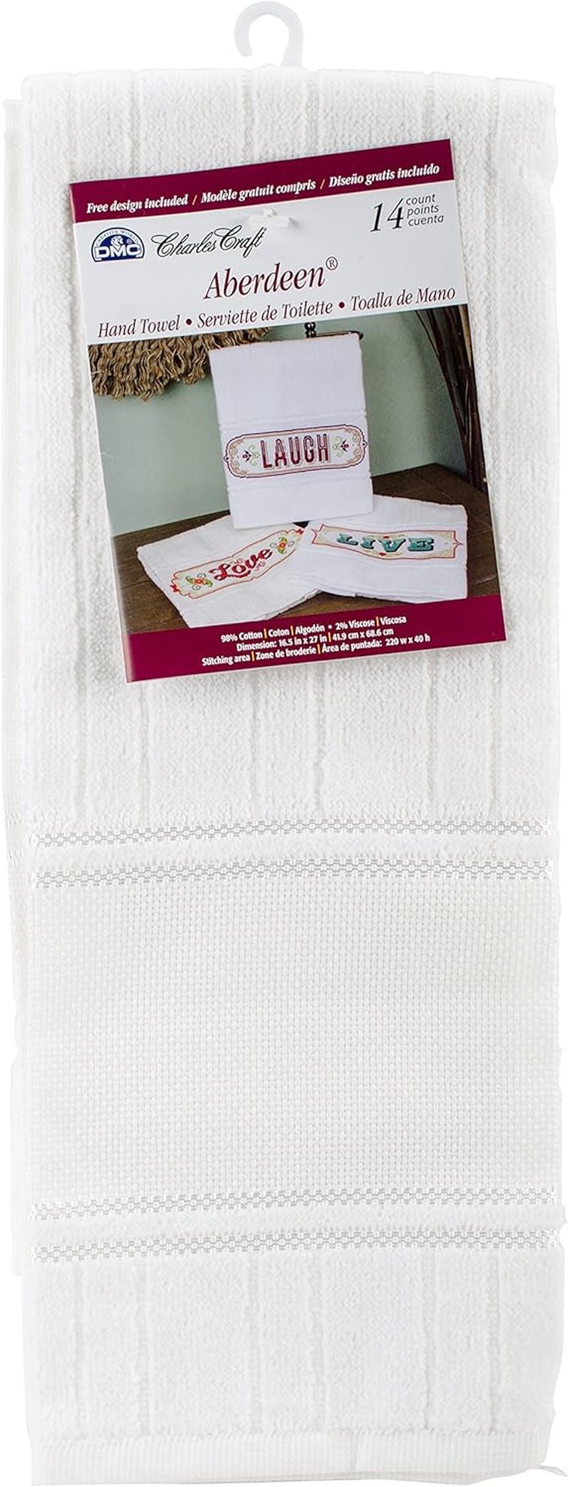 Charles Craft Aberdeen Velour Hand Towel 16.5 X 27 Inches, 14 Stitch Count Fabric with Design Included, Cotton/Viscose Blend, White image number 1