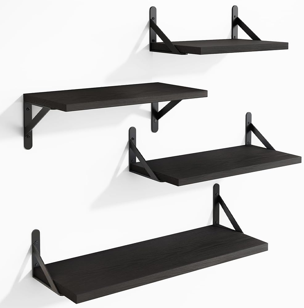 Floating Shelves, Rustic Wood Hanging Wall Mounted Storage Wood Display Shelf, 4 Sets of Wall Mounted Shelf for Bathroom Decor, Bedroom, Living Room and Plants (Black)