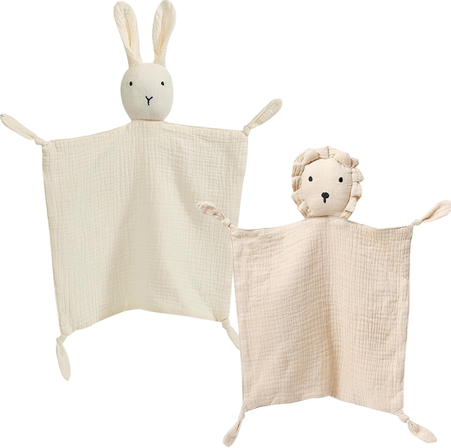 Bunny Lovey Blanket for Boys and Girls, Organic Cotton Muslin Security Blanket for Babies, Soft Breathable Lovie Soothing Towel for Newborn and Infant, 2 Pcs Set